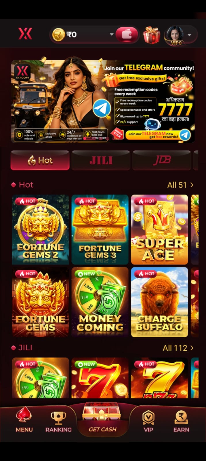 IX7 Game APK dashboard showing multiple game options and interface